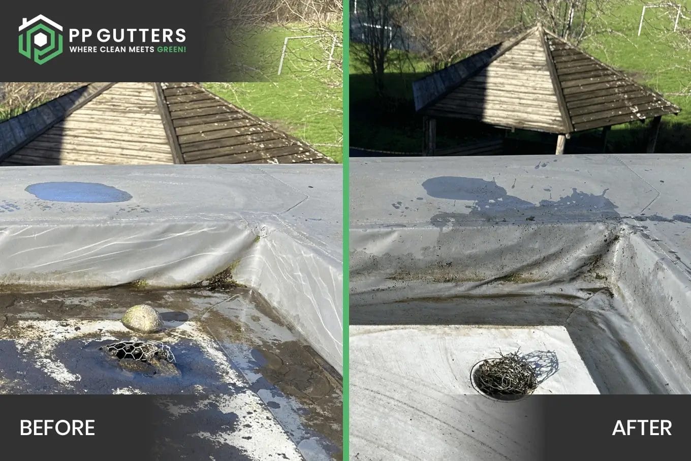 School gutter and roof clearing in London, Watford and High Wycombe - photo of a flat roof with built in gutter at St Mary's CofE School in Aylesbury, before and after it's been cleared of various balls and debris by PP Gutters.