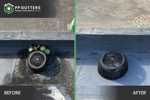 School gutter and roof clearing in London, Watford and High Wycombe - photo of a flat roof with built in gutter at St Mary's CofE School in Aylesbury, before and after it's been cleared of various balls and debris by PP Gutters.