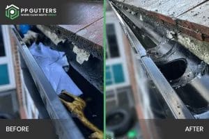 School gutter cleaning in London, Watford and High Wycombe - photo of a gutter at St Mary's CofE School in Aylesbury, before and after it's been cleared of various debris by PP Gutters.