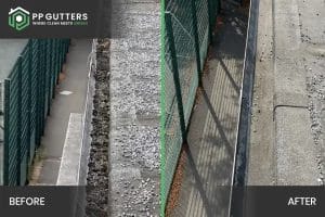 School gutter and roof cleaning in London, Watford and High Wycombe - photo of a flat roof and gutter at Mote School in Fulham, before and after it's been cleared of debris by PP Gutters.