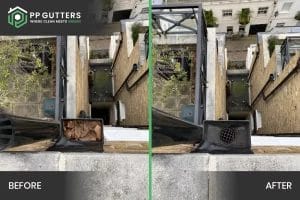 PP Gutters roof and gutter cleaning services. Before and after of a downpipe clearance in Earl's Court