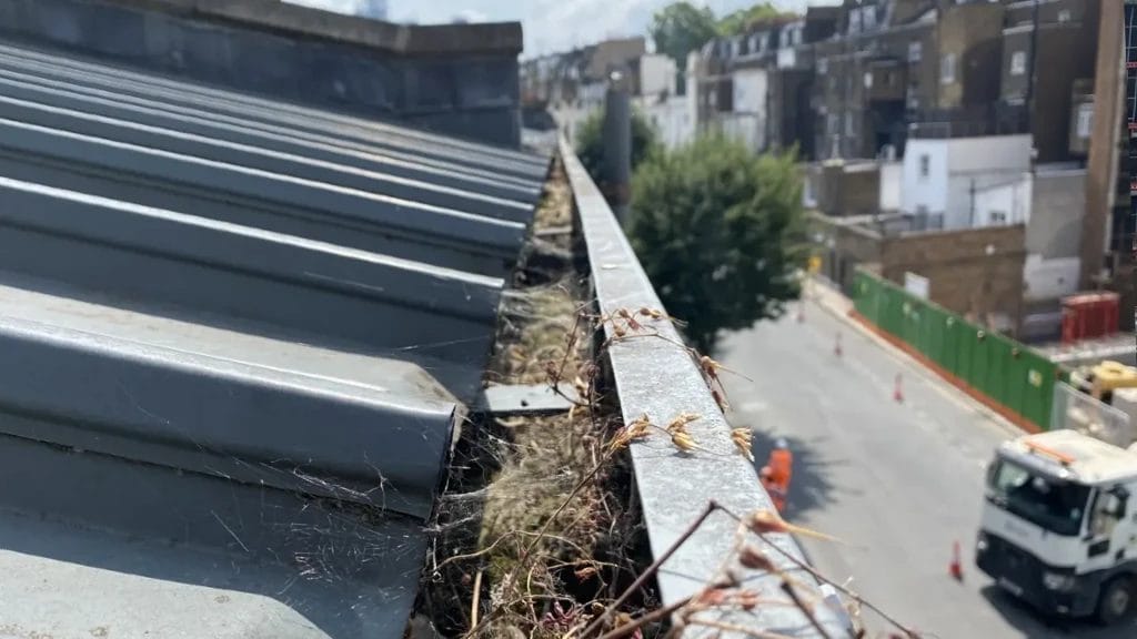 Commercial gutter cleaning in London, Watford and High Wycombe - photo of a gutter in City of Westminster before it's been cleared of leaves by PP Gutters.