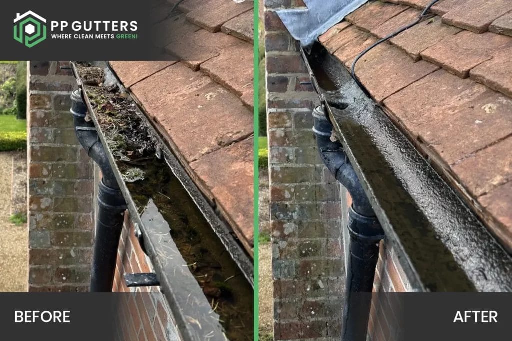 PP Gutters roof and gutter cleaning services. Before and after of a gutter clearance in Oxfordshire