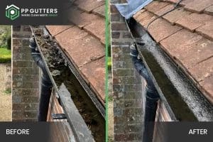 PP Gutters roof and gutter cleaning services. Before and after of a gutter clearance in Oxfordshire
