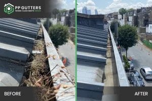 PP Gutters roof and gutter cleaning services. Before and after of a gutter clean in City of Westminster