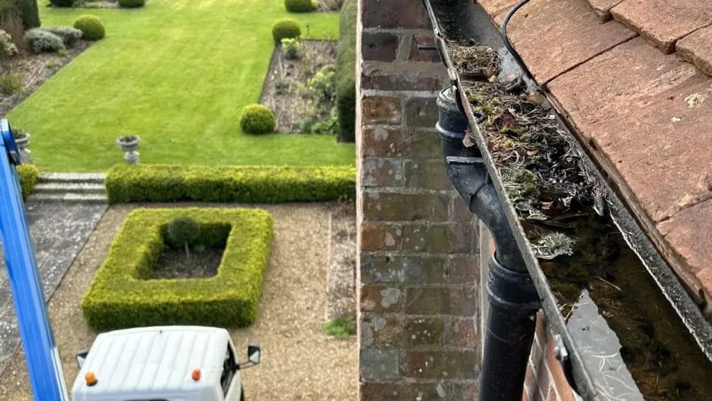 PP Gutters roof and gutter cleaning services. After photo of a blocked gutter in Oxfordshire, before PP Gutters had cleared it.