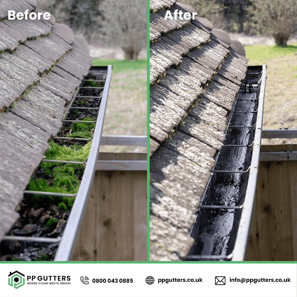 How clean gutters prevent water damage - PP Gutters team cleaning gutters on a residential home