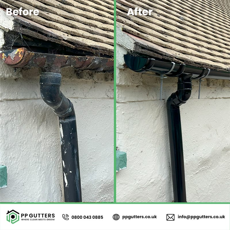 Blocked gutter overflowing with water on an older UK home, showing one of the most common gutter problems in older UK homes