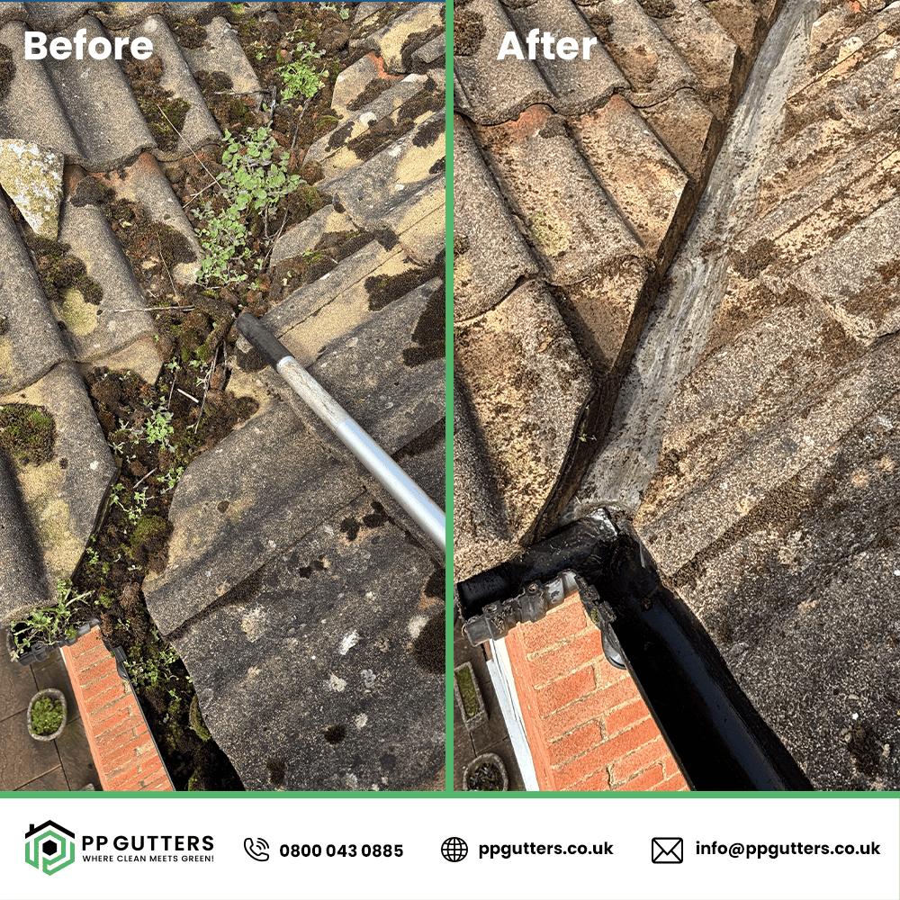 Gutter cleaning before and after – clogged gutter full of leaves and debris next to a clean, clear gutter.